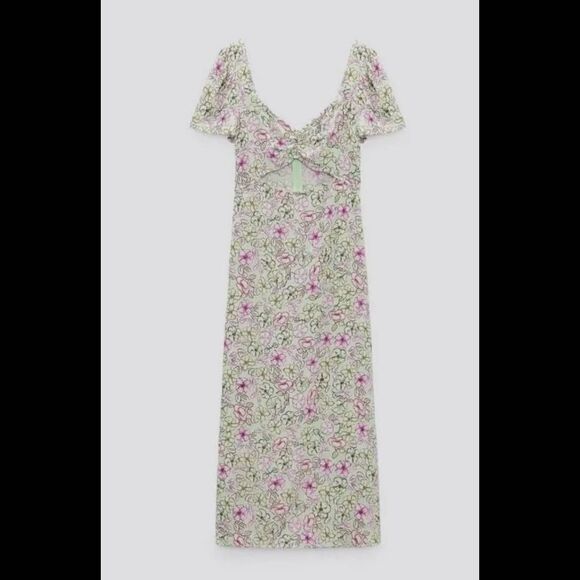 ZARA NWT SS22 WOMAN MULTICOLORED FLORAL PRINT MIDI DRESS CUT OUT size Small. - Picture 9 of 15
